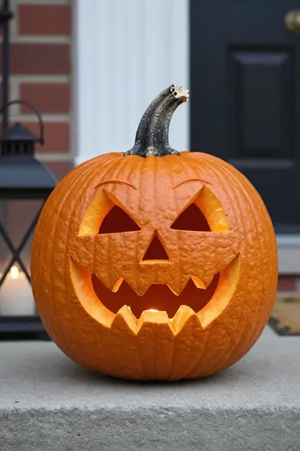 A carved glowing jack-o'-lantern with arched brows and fangs sits on a concrete front stoop beside a lit black lantern