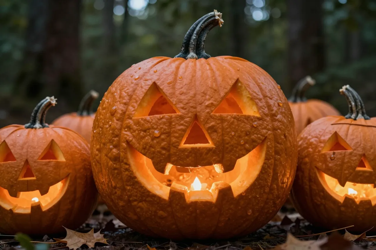 Lit carved jack-o'-lanterns sit on wet leaf-strewn ground in a dark autumn forest