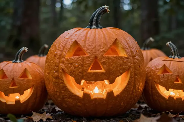 Lit carved jack-o'-lanterns sit on wet leaf-strewn ground in a dark autumn forest