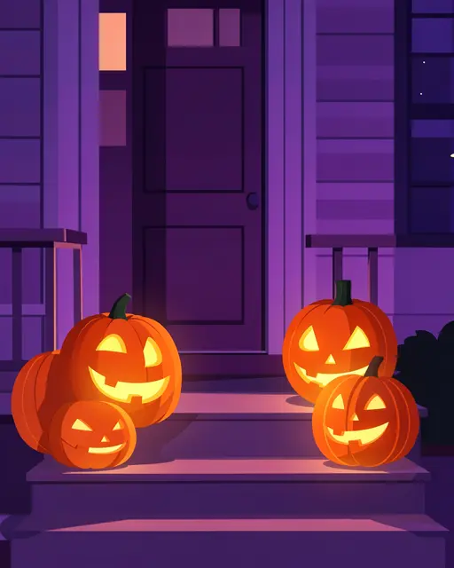 Lit jack-o'-lanterns sit on front porch steps under a purple night sky
