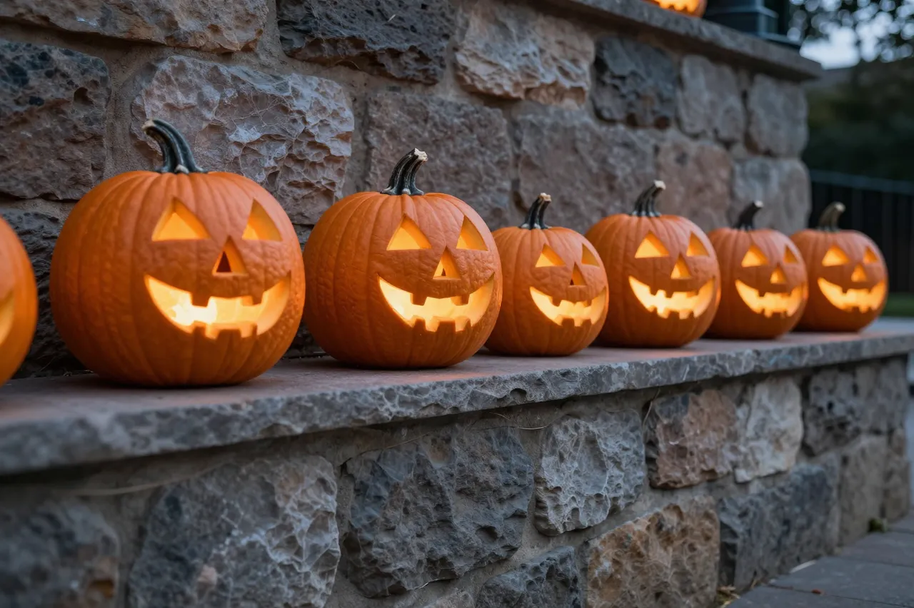 A row of lit carved jack-o'-lanterns sits on a rough stone wall at dusk
