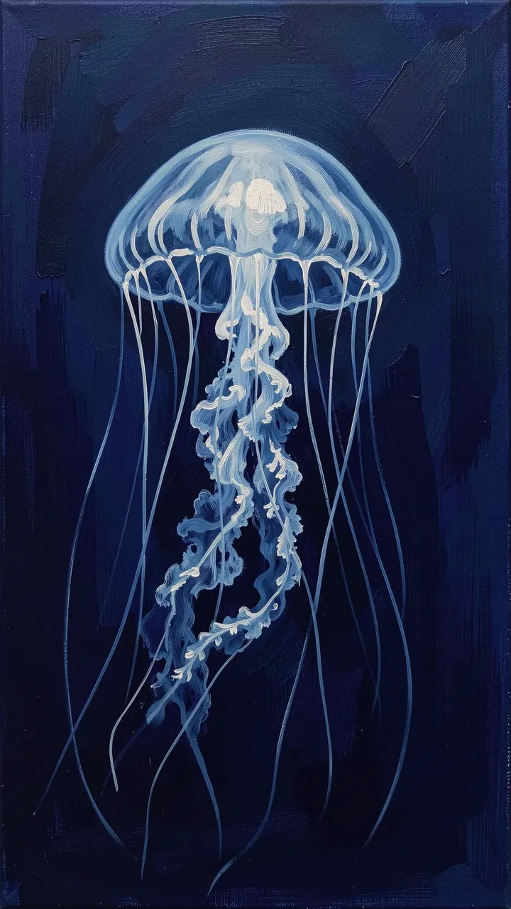 An acrylic painting of a single glowing pale blue jellyfish drifting through dark deep navy water