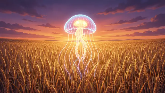 A luminous translucent jellyfish drifts above a golden wheat field beneath a colorful dusk sky.