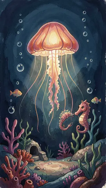 A glowing lamp-like jellyfish illuminates a dark underwater seahorse home on the deep seabed