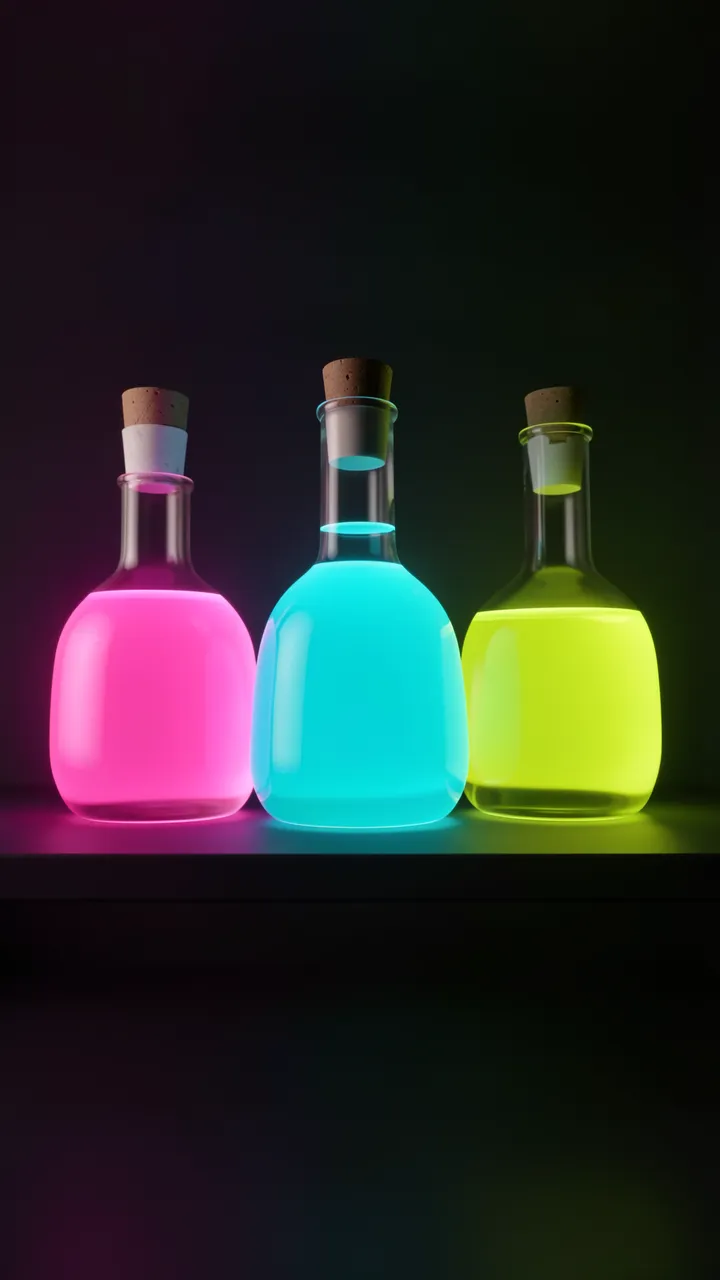 Three glass flasks holding glowing pink, cyan, and lime liquid sit in a row on a dark shelf