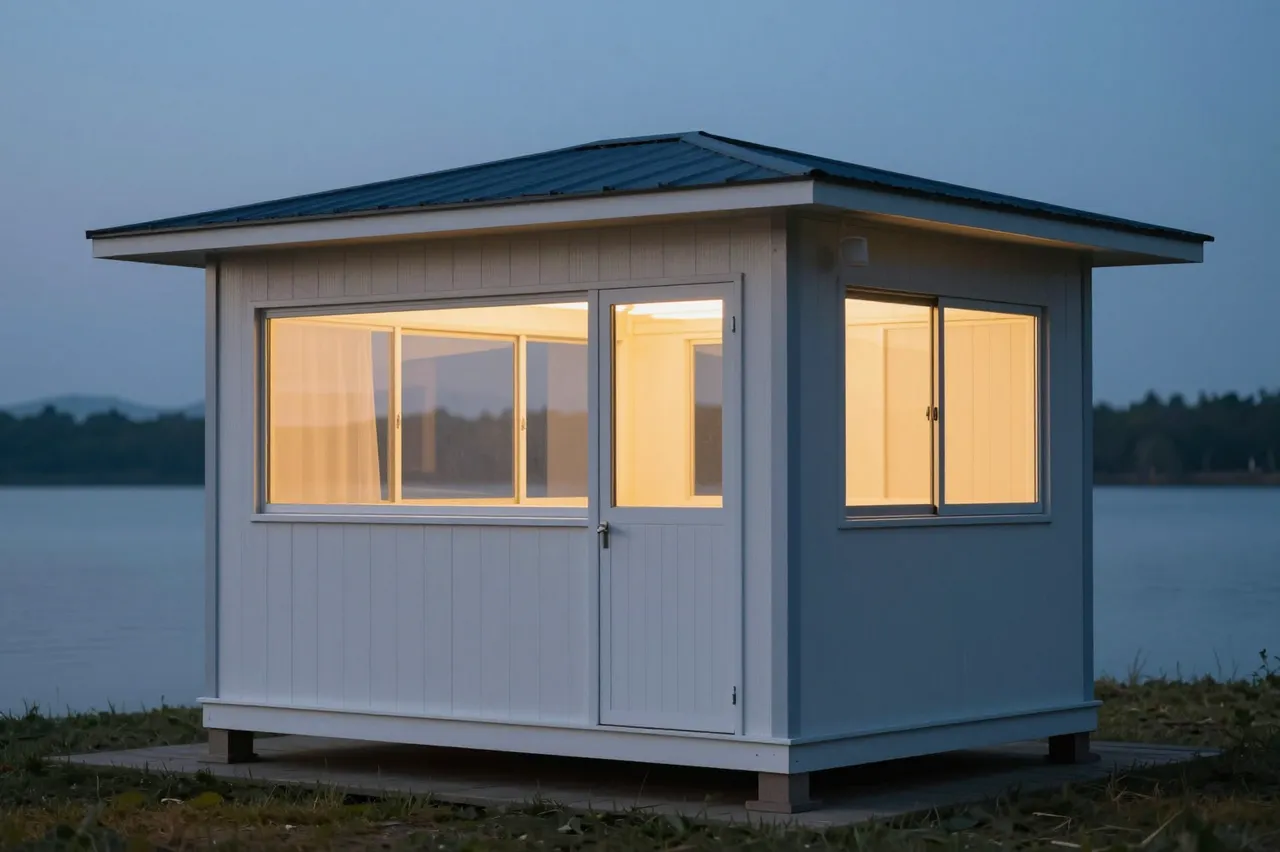 A small light-colored cabin with warm glowing windows sits on a lakeshore during calm blue hour