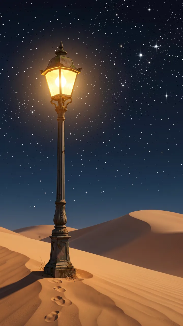 An ornate glowing vintage lamp post stands alone on sand dunes under a bright starry night sky
