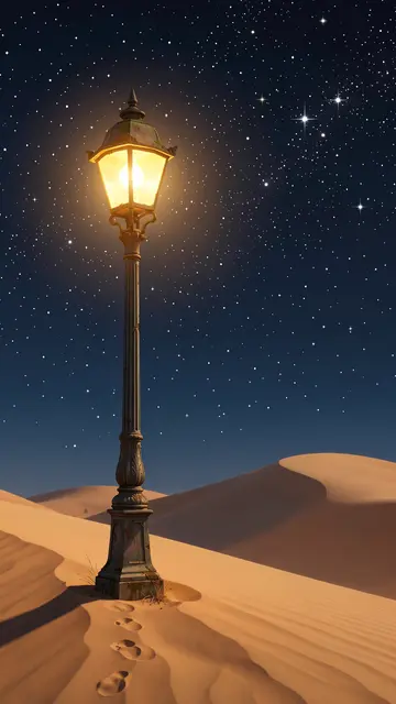 An ornate glowing vintage lamp post stands alone on sand dunes under a bright starry night sky