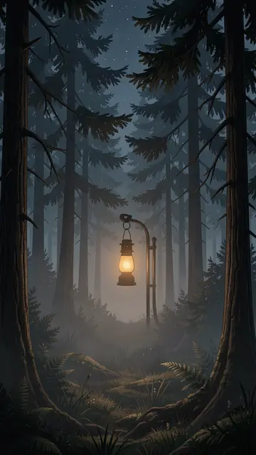 A glowing hanging lantern illuminates a misty dark pine forest at starry night