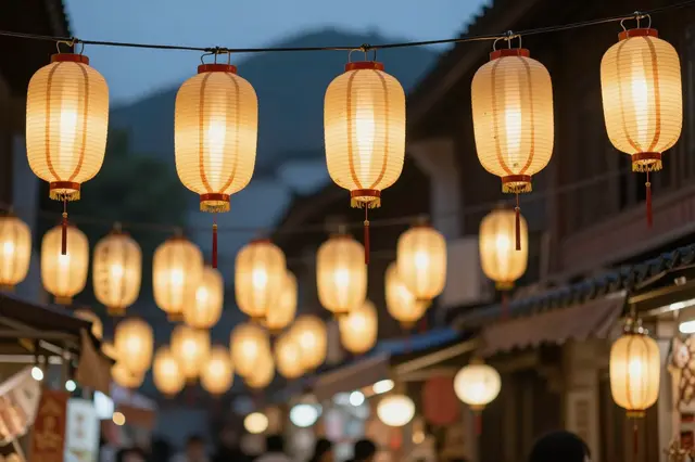 Illuminated paper lanterns hang in rows above a blurred dusk night market street with soft bokeh lighting.