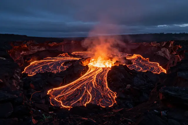 Bright glowing lava flows spread across a volcanic crater under a dark cloudy night sky, rising steam from the active vent.