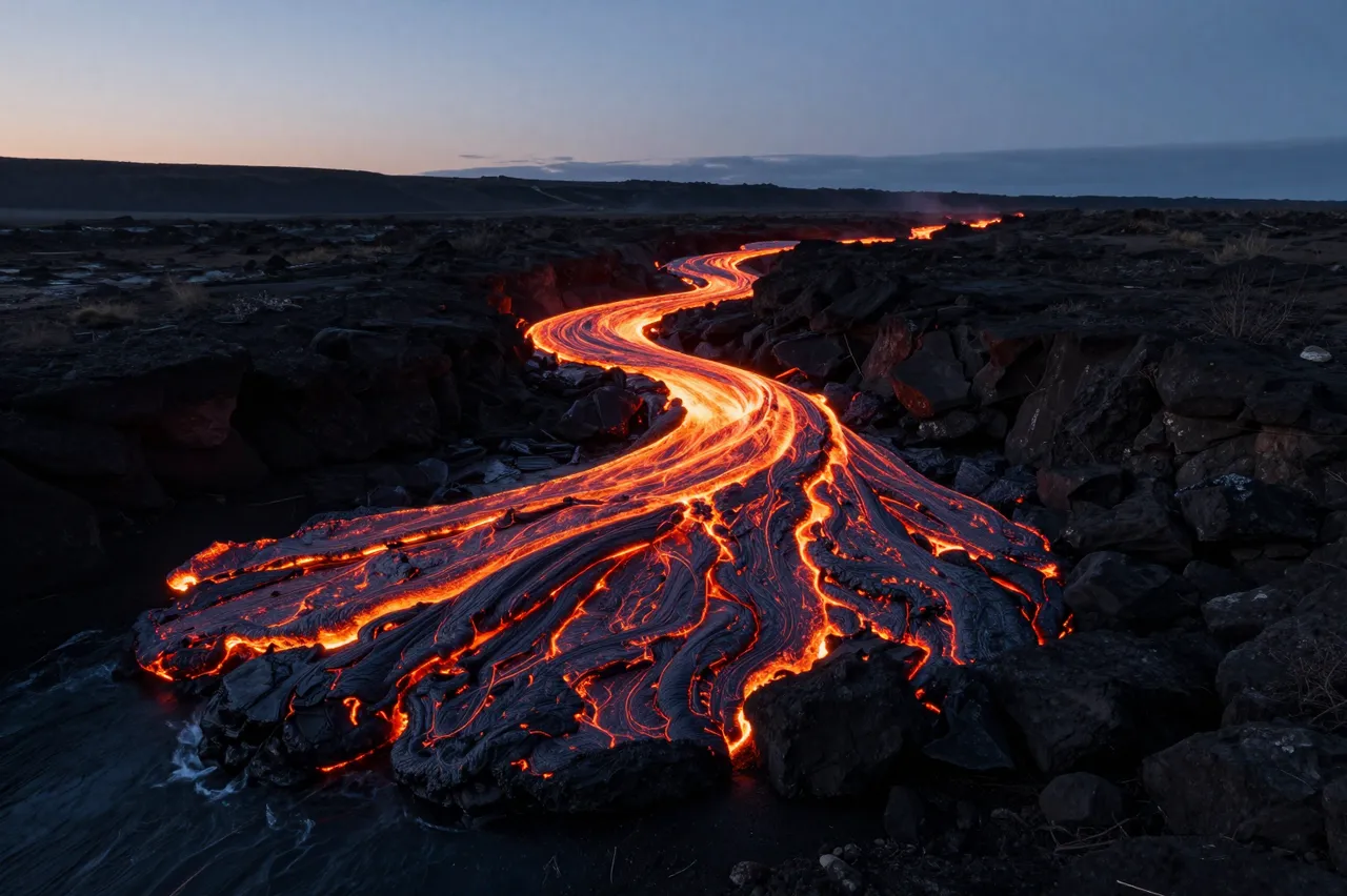A winding glowing river of lava flows across dark volcanic rock toward water during twilight dusk
