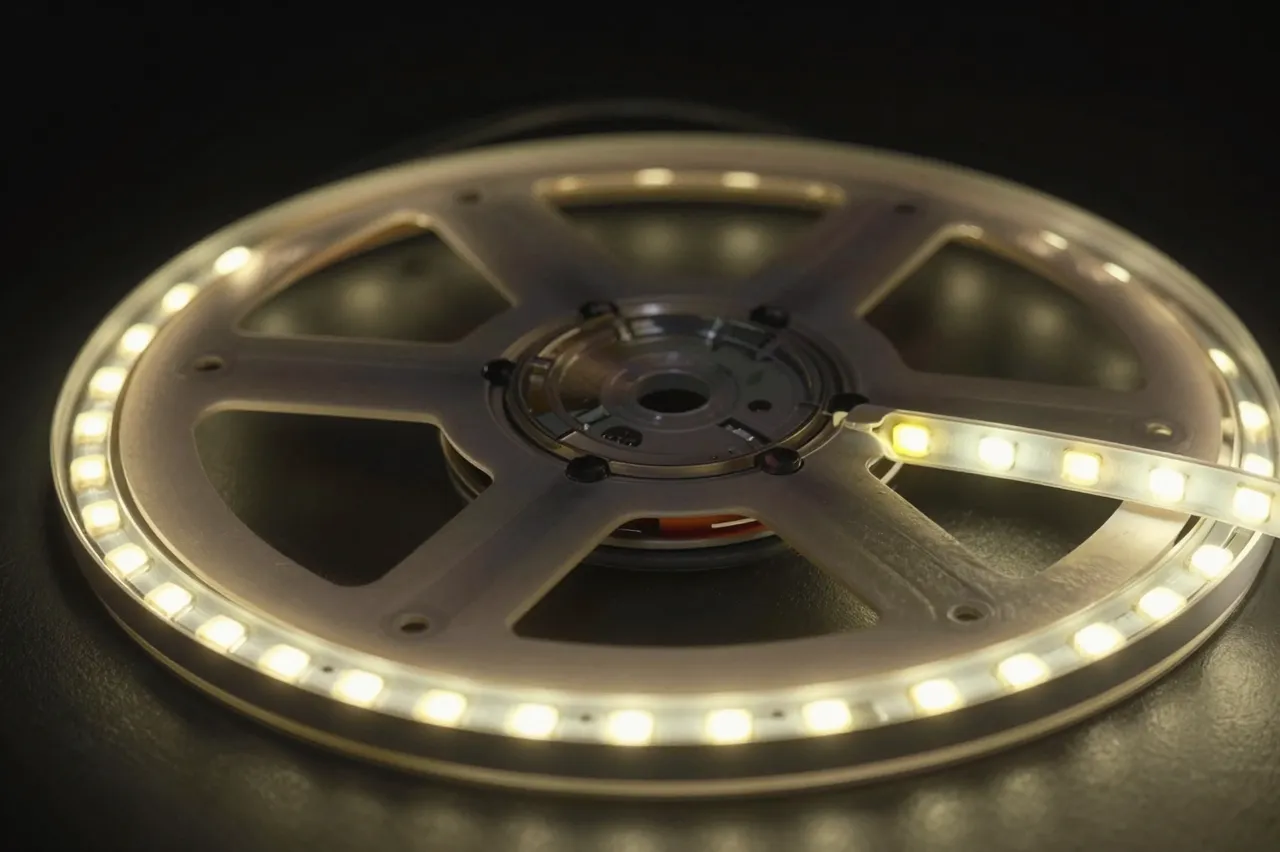 A spool of warm white glowing LED light strips rests on a dark matte surface
