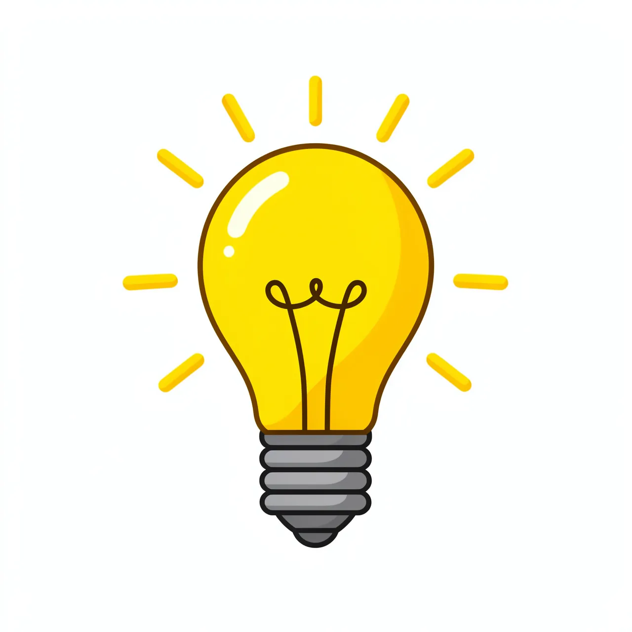 Flat cartoon illustration of a glowing yellow light bulb with short radiating rays on a white background