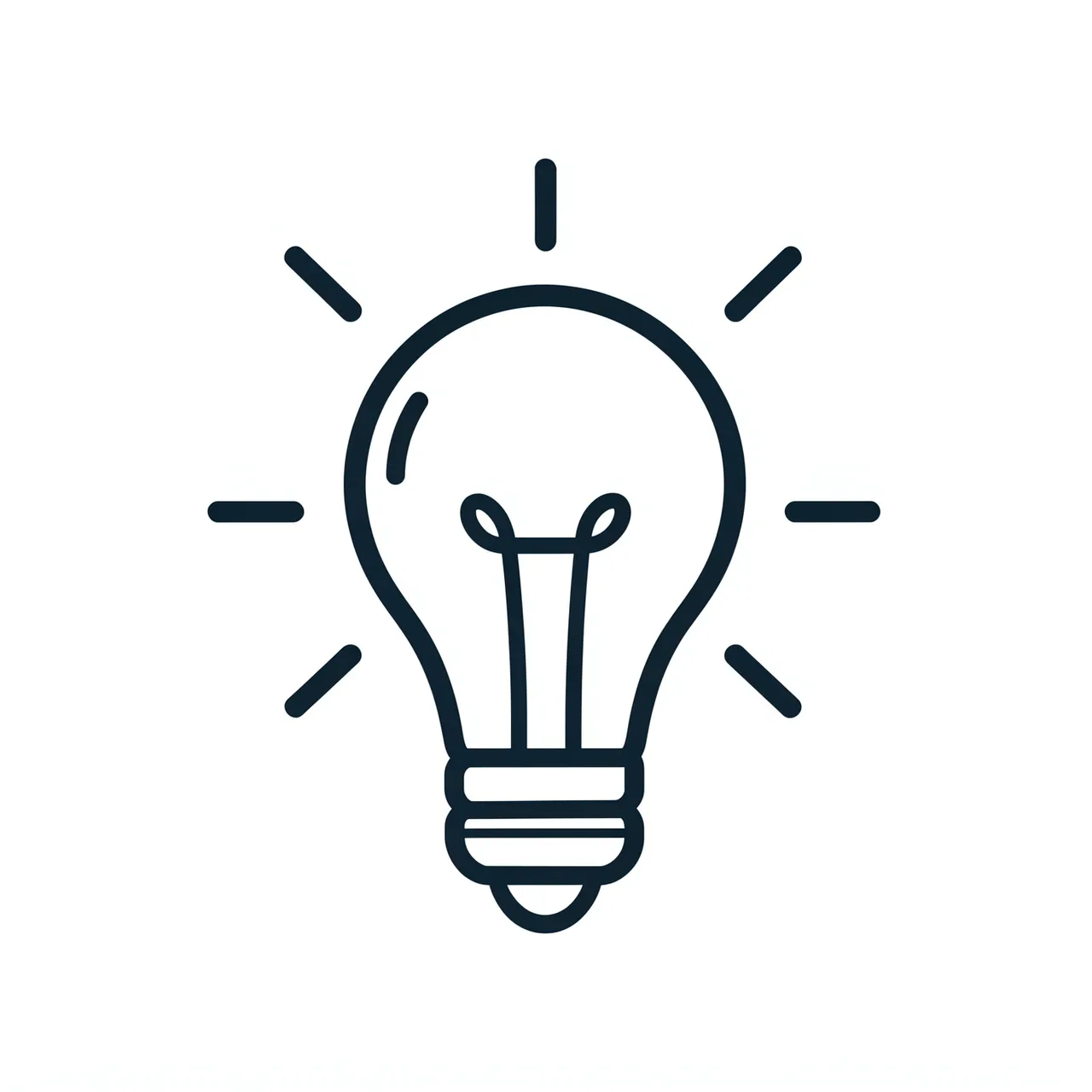 Single weight dark outline line icon of a lit light bulb with short surrounding rays on a plain white background