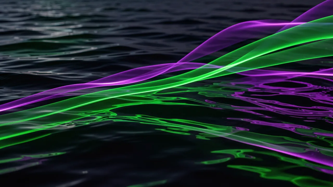 Wavy translucent green and violet light ribbons stretch across rippled dark water, casting bright reflections.