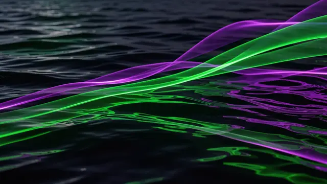 Wavy translucent green and violet light ribbons stretch across rippled dark water, casting bright reflections.