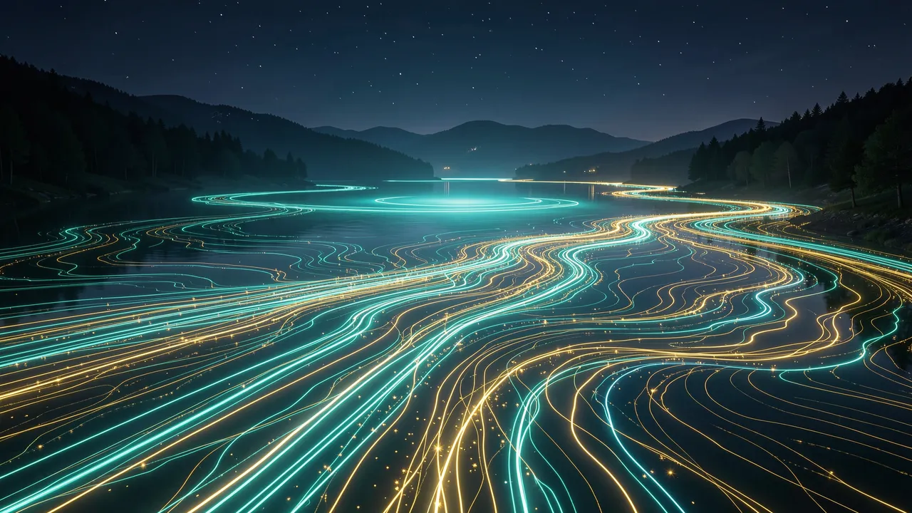 Twisting turquoise and gold glowing light streams flow across a dark night lake under a starry sky