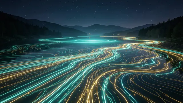 Twisting turquoise and gold glowing light streams flow across a dark night lake under a starry sky