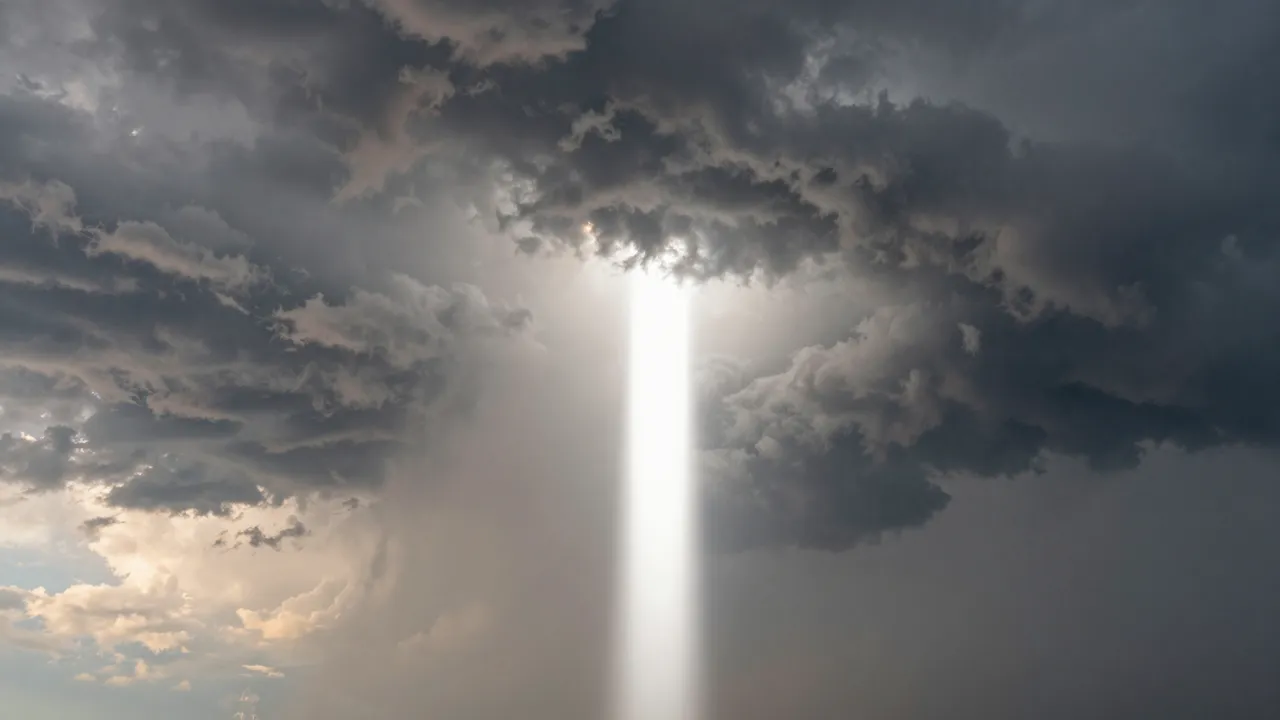 A bright vertical beam of white light cuts through dark storm clouds at sunset