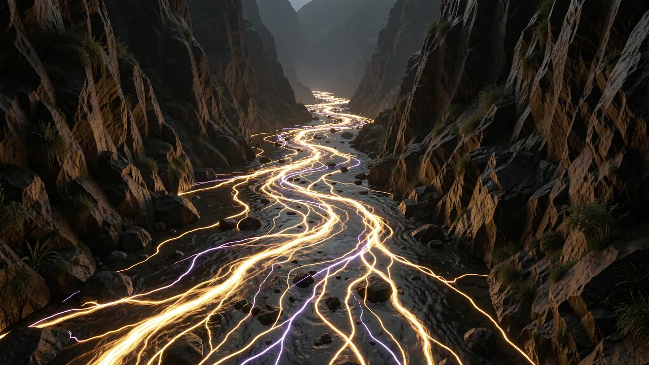 Luminous golden and purple light streams merge into a winding river of light through a dark rocky canyon valley.