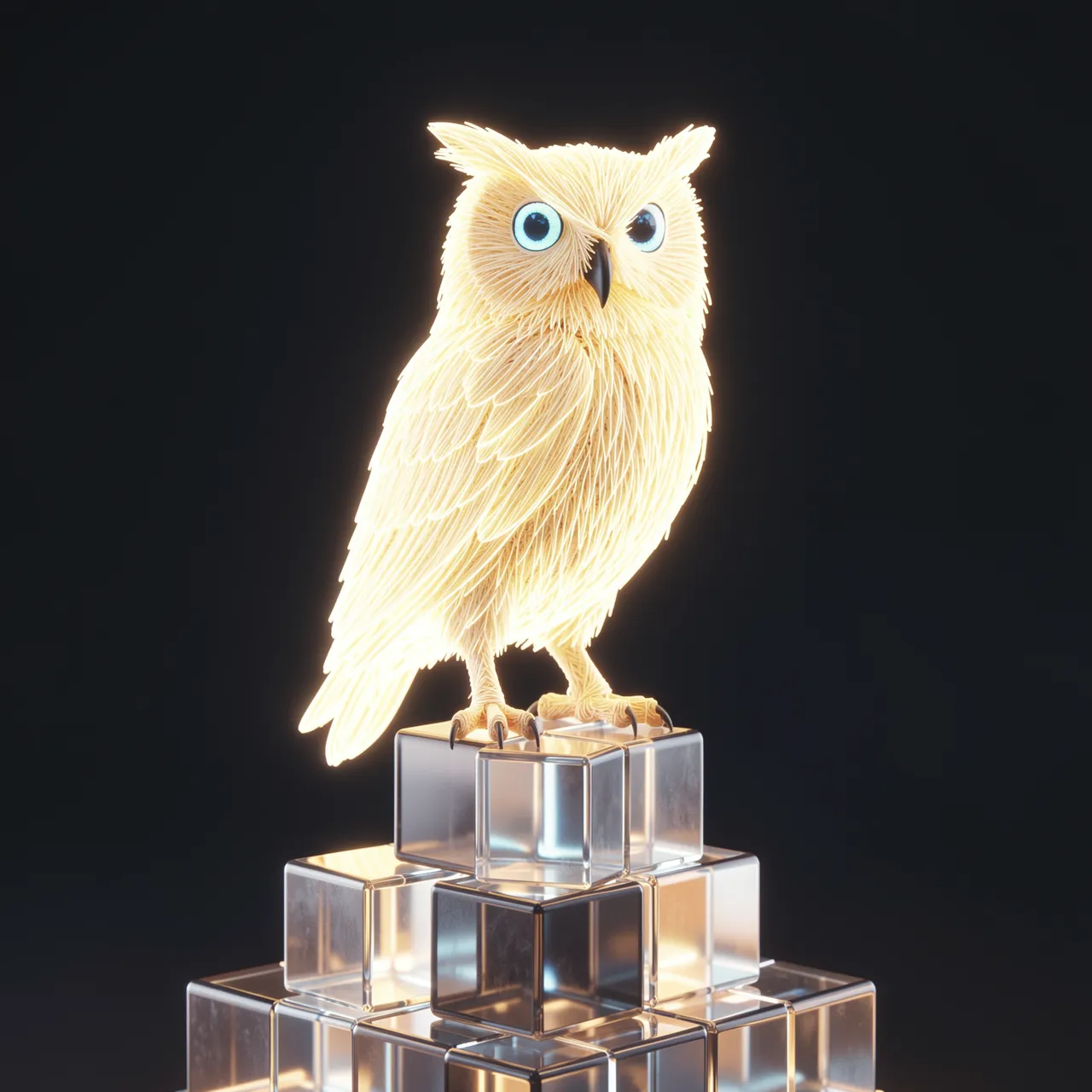 A glowing light-thread owl with bright blue eyes perches on stacked transparent glowing cubes against a dark background