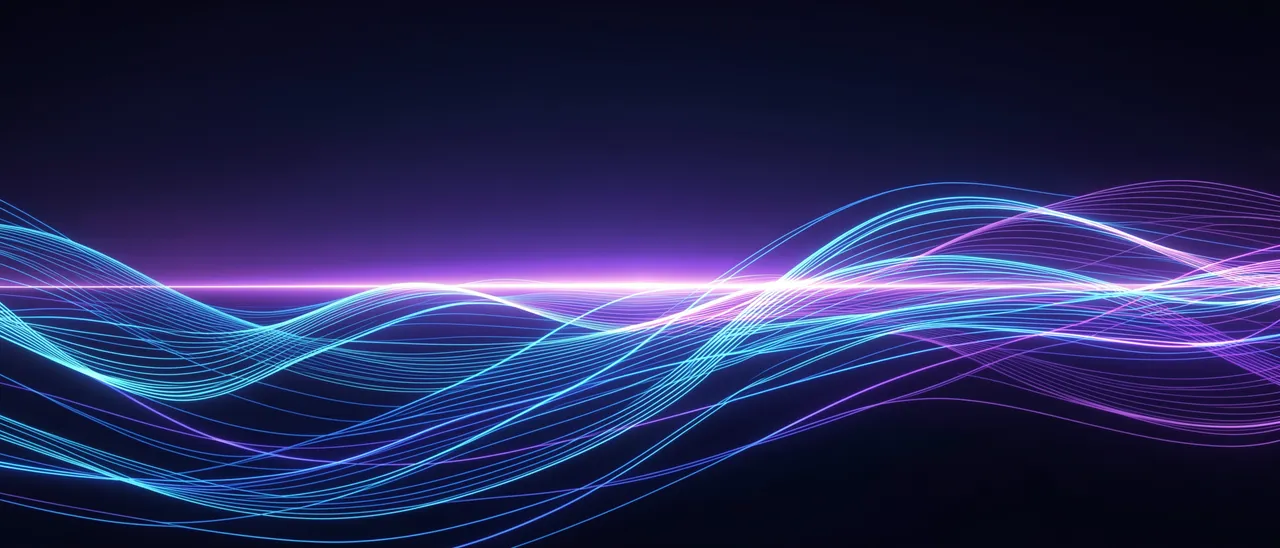 Flowing blue and purple glowing light waves stretch across a dark gradient background with a bright horizontal horizon line