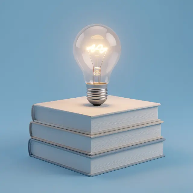 A lit glowing lightbulb rests centered on a stack of three plain books against a soft light blue background