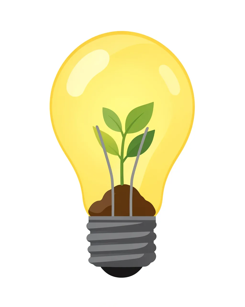A flat vector illustration of a glowing yellow lightbulb holding soil and a small green seedling inside against a plain