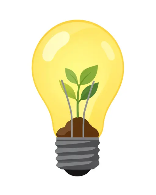 A flat vector illustration of a glowing yellow lightbulb holding soil and a small green seedling inside against a plain