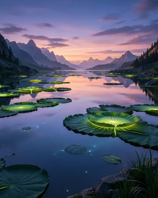 Giant glowing lily pads float on a mirror-still alpine lake beneath a pastel dusk mountain sky