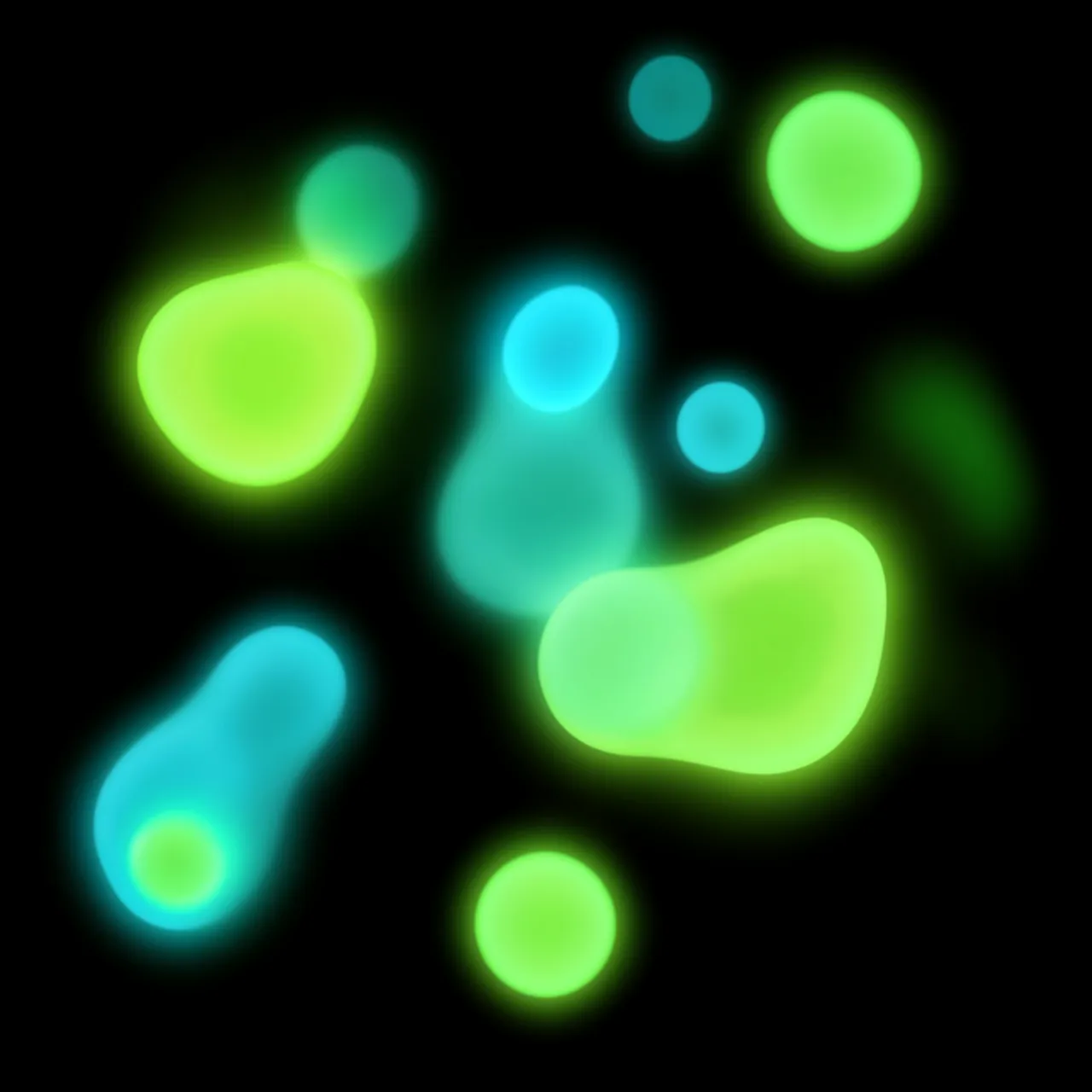 Soft glowing lime and turquoise abstract blobs drift across a solid black background