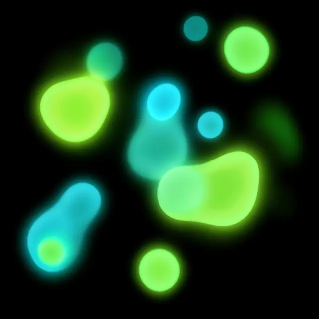 Soft glowing lime and turquoise abstract blobs drift across a solid black background