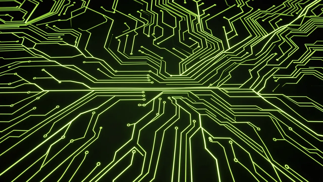 Bright glowing lime circuit paths branch symmetrically across a solid black background