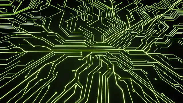Bright glowing lime circuit paths branch symmetrically across a solid black background