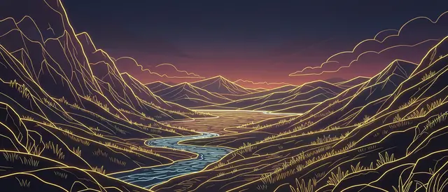 A stylized mountain valley landscape outlined in glowing golden lines under a gradient dusk sky, with a winding river