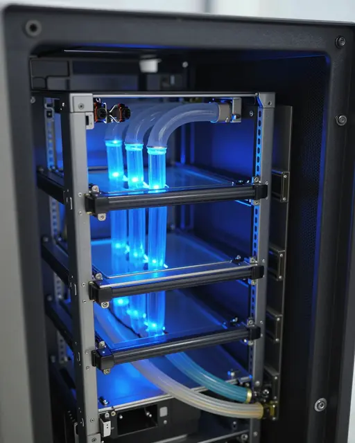 Macro close-up of an open server chassis with glowing blue liquid cooling tubes installed inside.