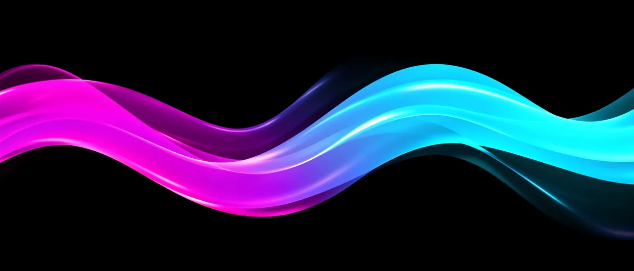 A glossy flowing gradient ribbon transitions from bright magenta to cyan across a solid black background