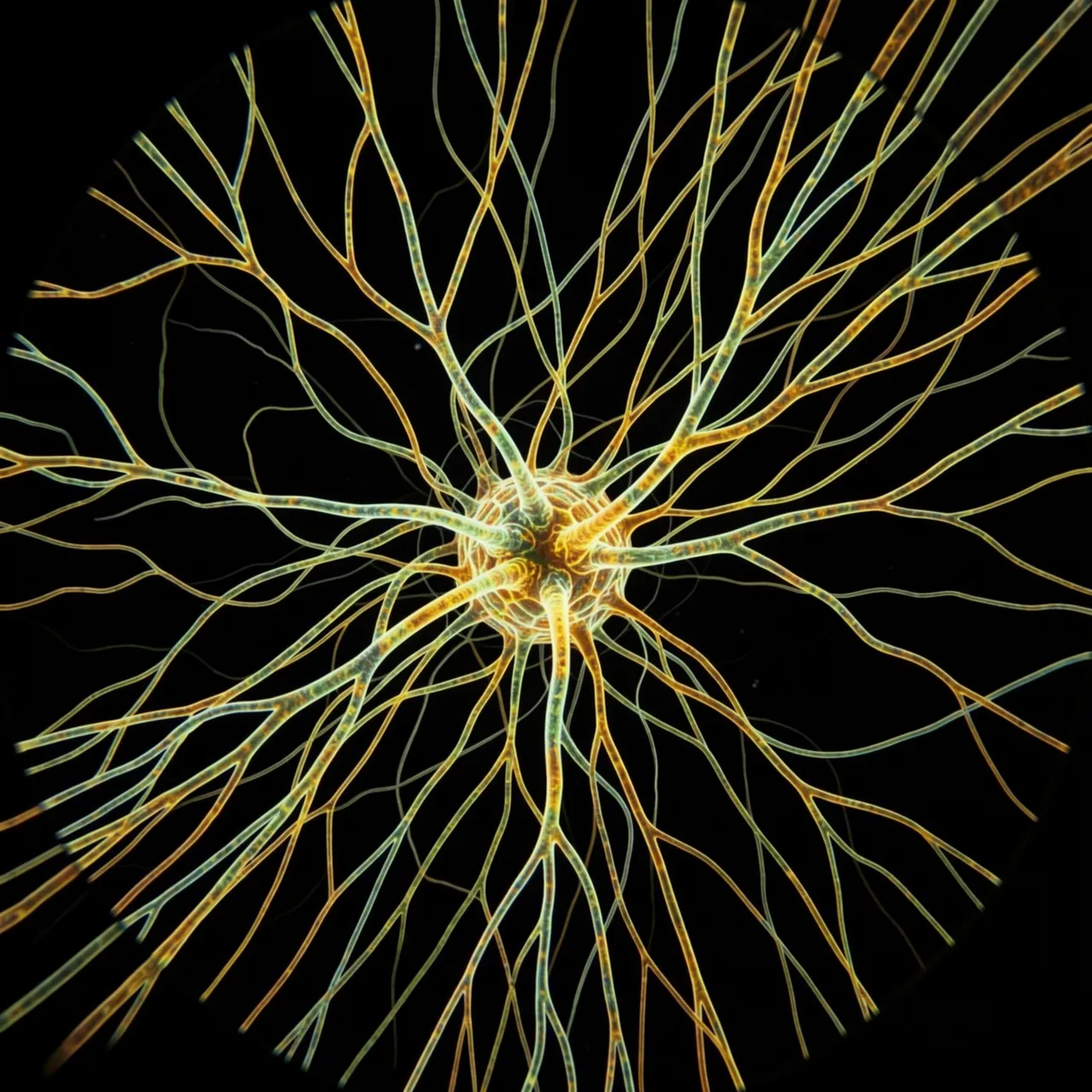 Branching glowing mycelium threads radiate from a central node against a pure black dark background