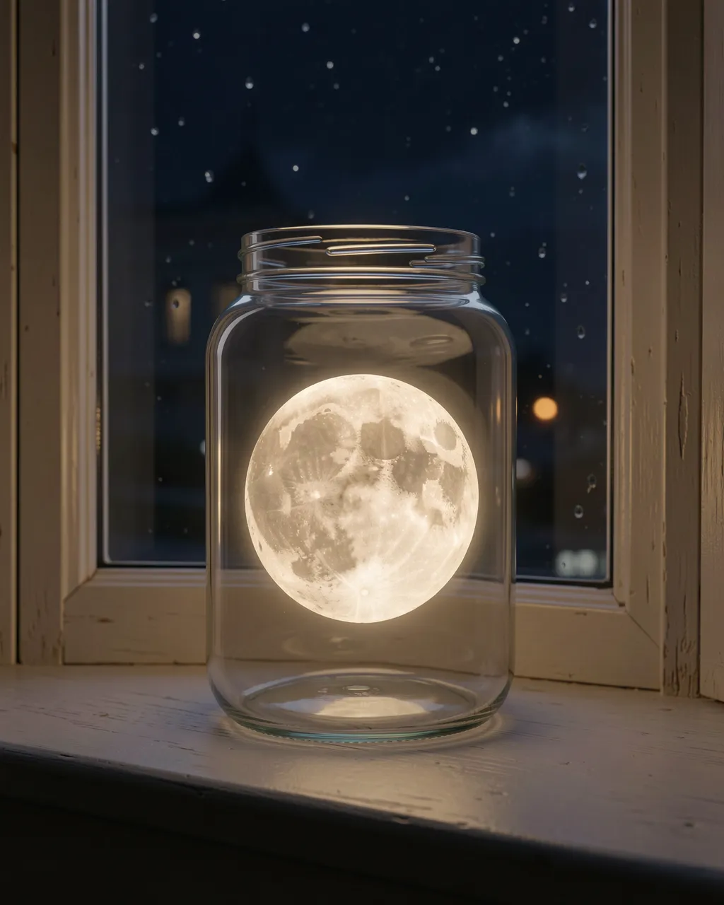 A glowing full moon floats inside a plain glass jar resting on a night time windowsill.