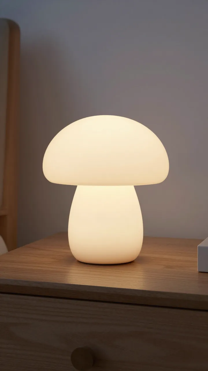 A soft glowing mushroom-shaped lamp sits on a wooden nightstand at dim dusk