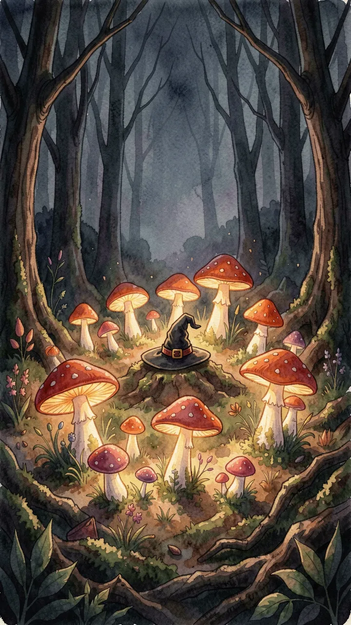 Glowing fly agaric mushroom ring surrounds a tiny witch hat in a dark misty forest watercolor scene.