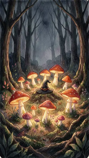 Glowing fly agaric mushroom ring surrounds a tiny witch hat in a dark misty forest watercolor scene.