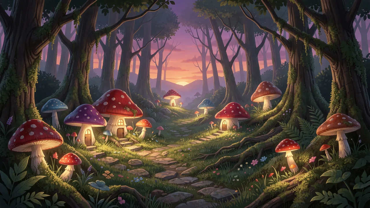 Whimsical toadstool houses line a stone path through a mossy forest at purple and orange sunset