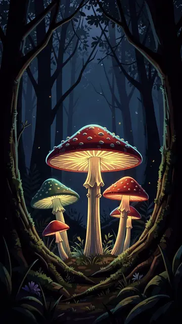 Glowing spotted toadstool mushrooms stand illuminated in a dark misty night forest framed by twisted tree branches