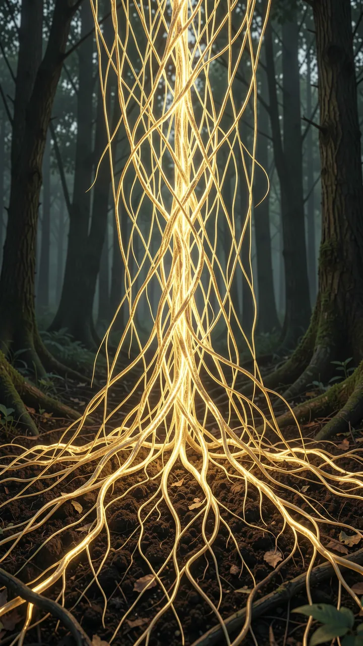 Luminous golden thread-like mycelium spreads through dark forest soil in a misty woodland