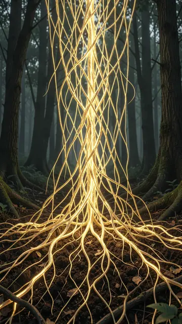 Luminous golden thread-like mycelium spreads through dark forest soil in a misty woodland