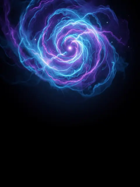Swirling glowing blue and purple nebula sits above empty dark outer space with scattered faint stars
