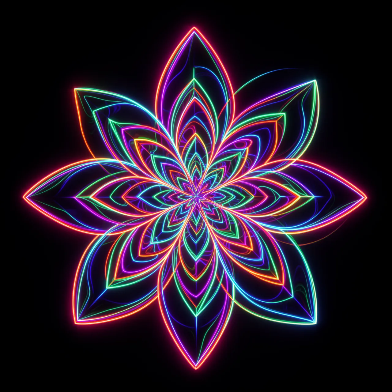 Symmetrical neon fractal flower outlined in bright multicolored light against a solid black background