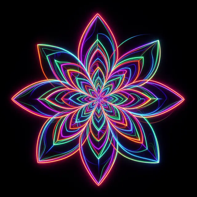 Symmetrical neon fractal flower outlined in bright multicolored light against a solid black background